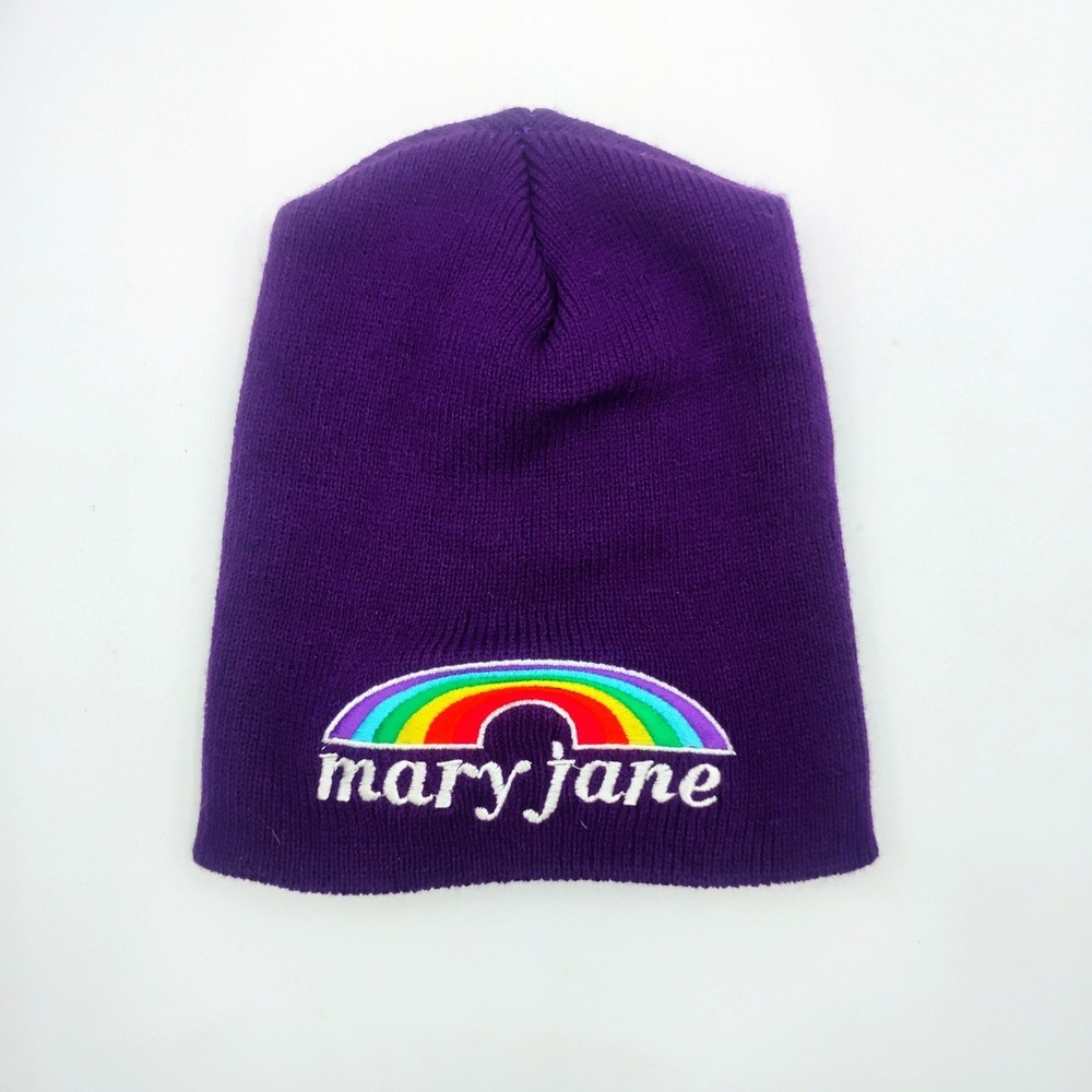 THC Clothing Mary Jane Rainbow Purple Embroidered Knit Beanie Winter Hat VTG 90s